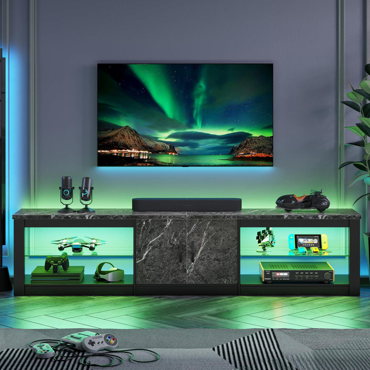 Bestier 80 Inch TV Stand for 75/85/86 inch TVs, LED Gaming Entertainment Center for PS5 with Storage Cabinet &Adjustable Glass Shelves, Modern TV Console Table for Living Room Bedroom, Black Marble Bestier