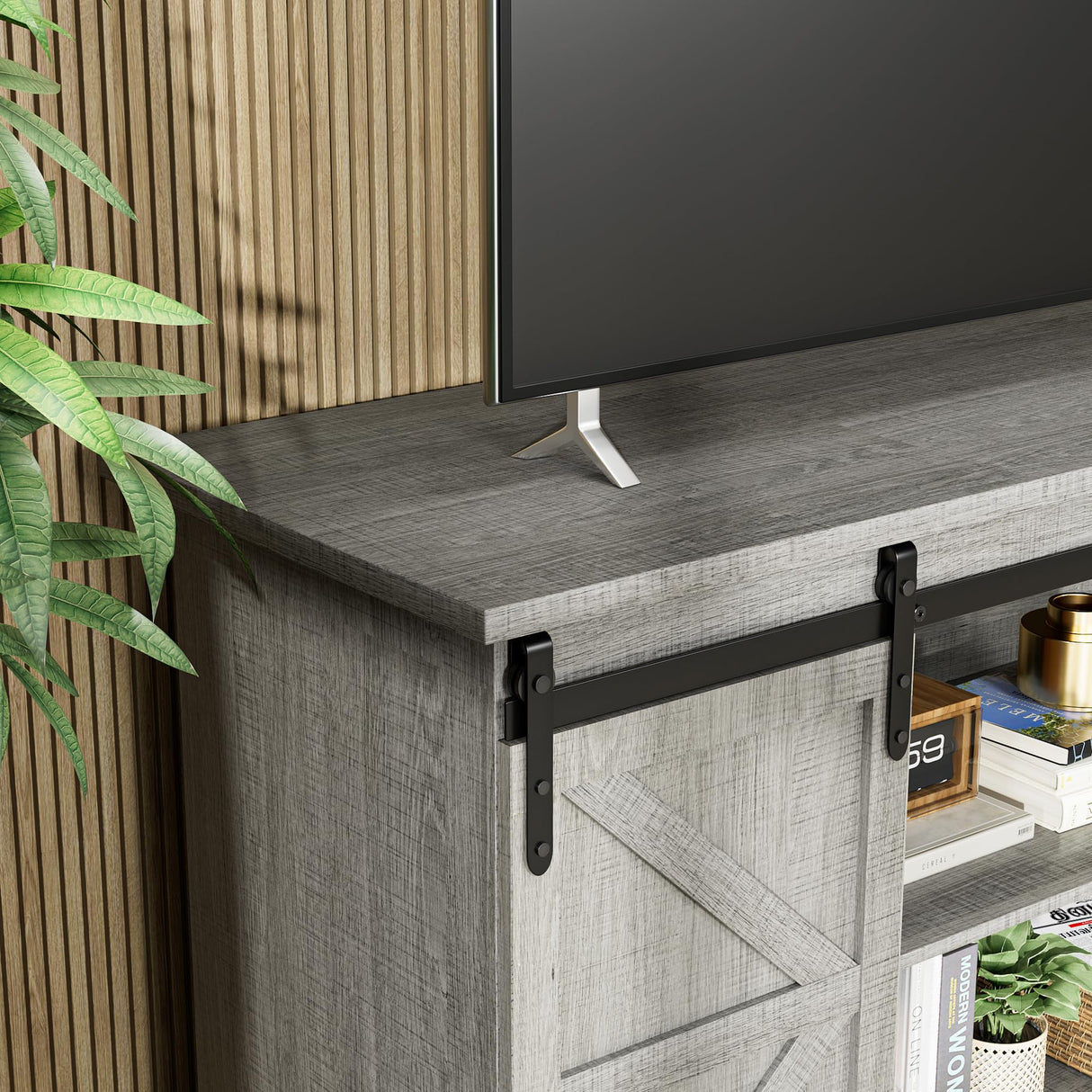 JUMMICO TV Stand for 65 Inch TV, Entertainment Center with Storage Cabinets and Sliding Barn Doors, Mid Century Modern Media TV Console Table for Living Room Bedroom (Pale Gray) JUMMICO