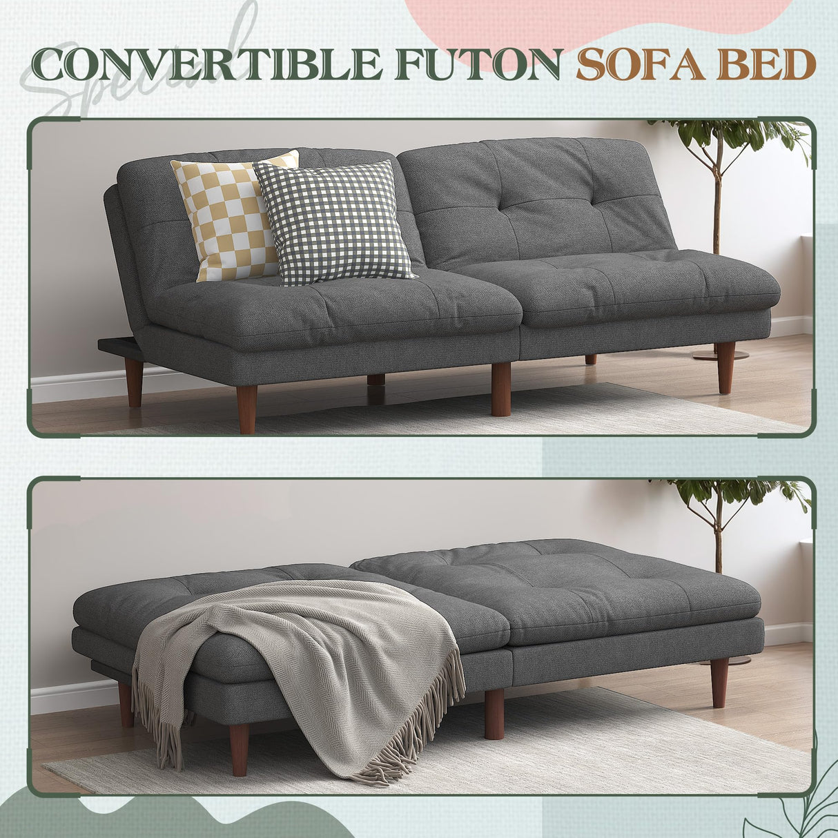 Furmax Futon Sofa Bed Modern Linen Couch Convertible Folding Futon Reclining Sleeper Sofa Couch for Small Space Apartment Loveseat with Adjustable Backrest (Dark Grey) Furmax