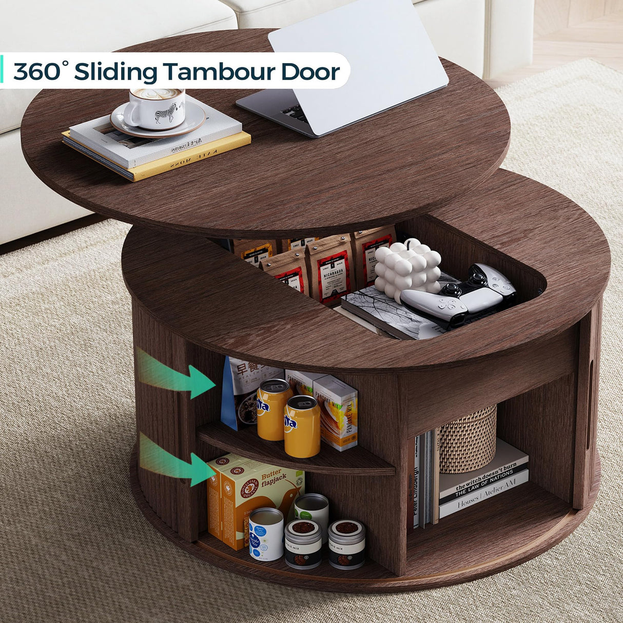 LINSY Lift Top Coffee Table, Round Fluted Coffee Table with Storage, Mid Century Modern Wooden Coffee Tables with Sliding Tambour Door, 31.5" Center Table for Living Room, Office, Small Space, Walnut LINSY