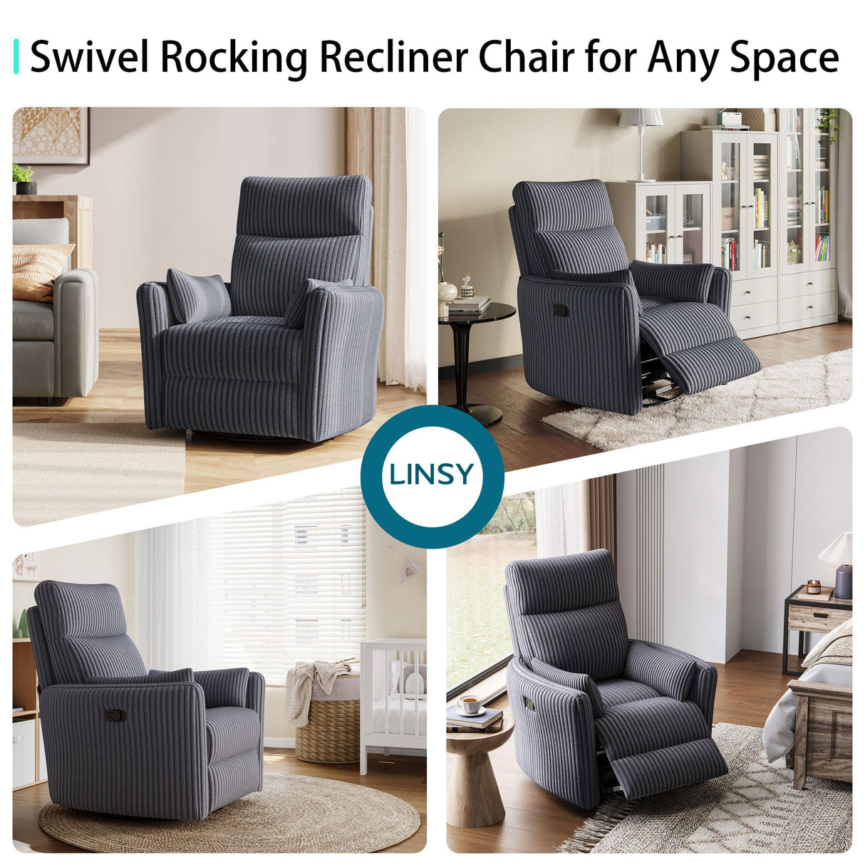 LINSY 360 Swivel Nursery Recliner - Corduroy Glider Rocking Chair with 2 Pillows, Comfy High Back Adult Recliner for Small Spaces, Nursery Bedroom Living Room Reclining Chairs, Grey LINSY