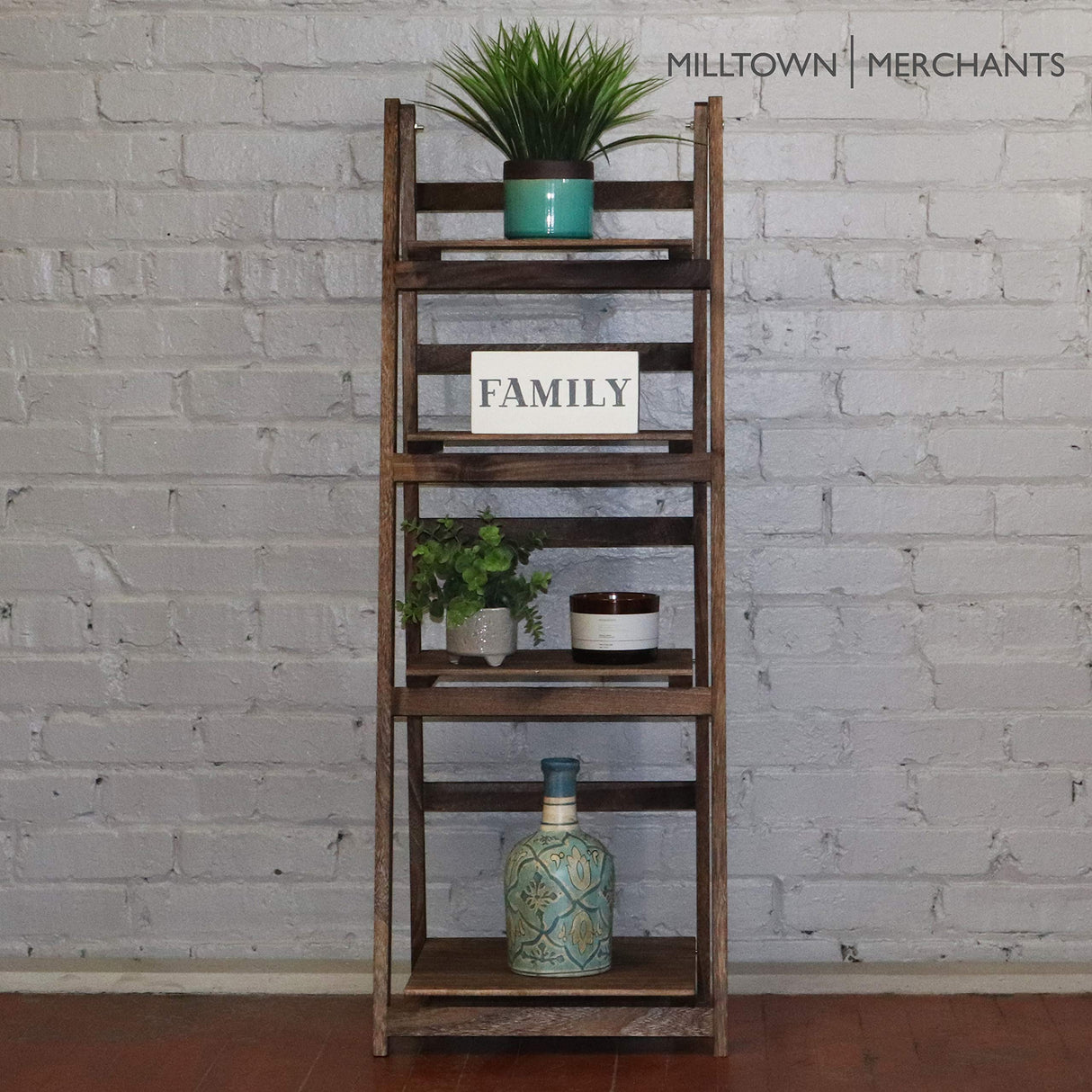 Milltown Merchants Ladder Shelf - Wooden Ladder Bookshelf - Leaning Bookshelf - Rustic Bookcase - Folding Bookcase (Dark Brown Ladder Shelf) Milltown Merchants