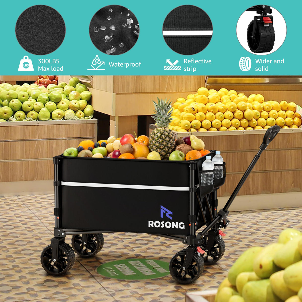 Collapsible Wagon Cart with Wheels Foldable - Folding Utility Heavy Duty Wagons Carts with Cover for Grocery Sports Garden Shopping Camping ROSONG