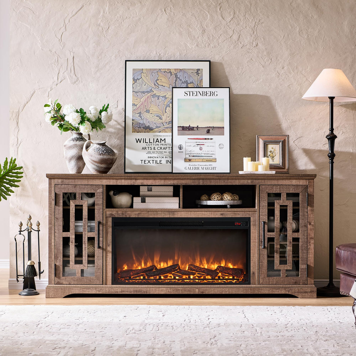 JXQTLINGMU Fireplace TV Stand with 36" Electric Fireplace for 80 Inch TV, Farmhouse 32" Tall Highboy Entertainment Center w/6 Shelves, Modern Media Console w/Storage for Living Room, Rustic Brown JXQTLINGMU