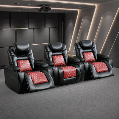 ANJ Power Recliner Chair with Adjustable Powered Headrest Set of 3,Electric Faux Leather Home Theater Seating Overstuffed Reclining Furniture & USB Ports, Cup Holders, Hidden Arm Storage (Black/Red)