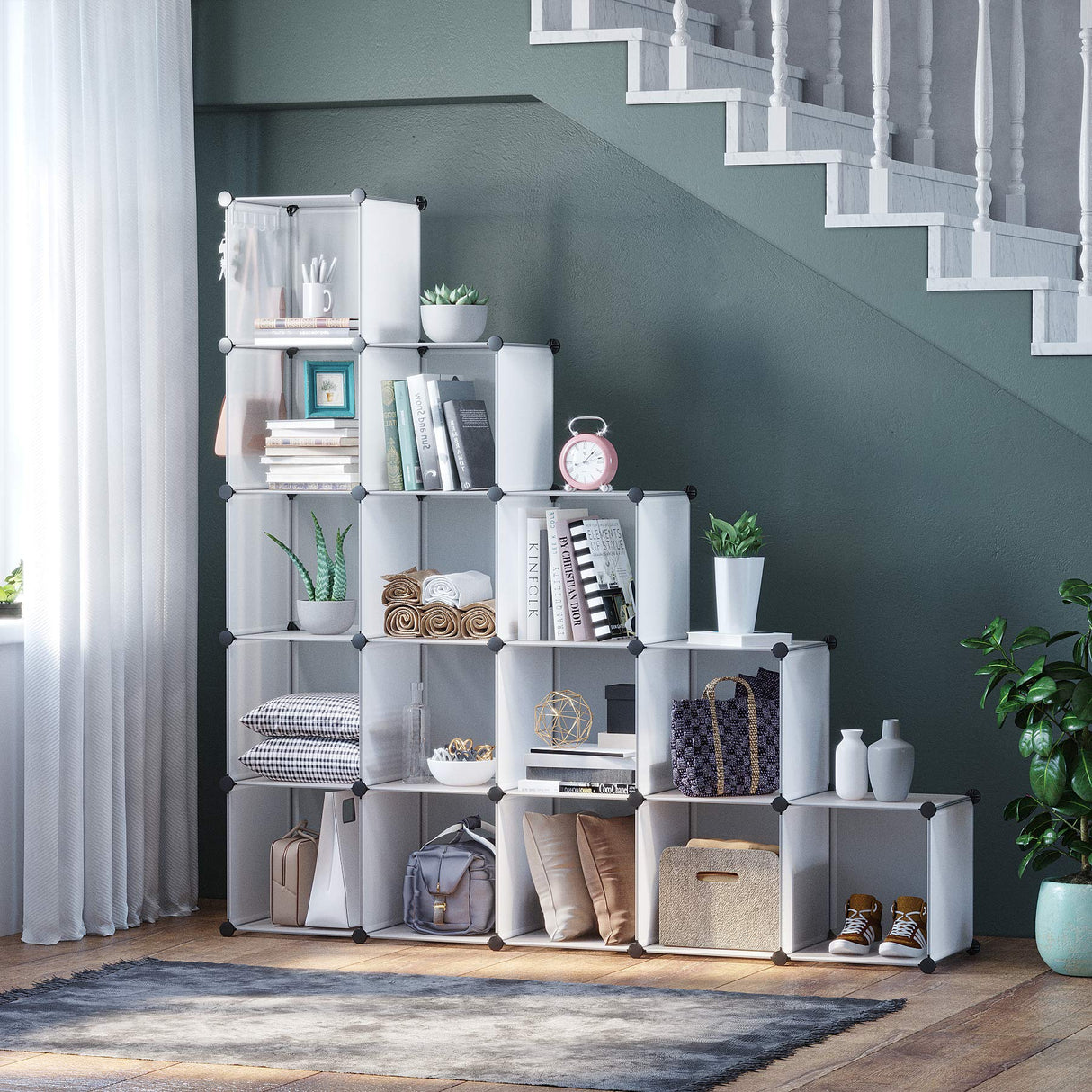 C&AHOME Cube Storage Organizer, 16-Cube Shelves Units, Plastic Storage Cubes, DIY Closet Organizer, Modular Closet Storage Shelves Ideal for Home, 48.4" L × 12.4" W × 48.4" H Transparent SUM3016W C&AHOME