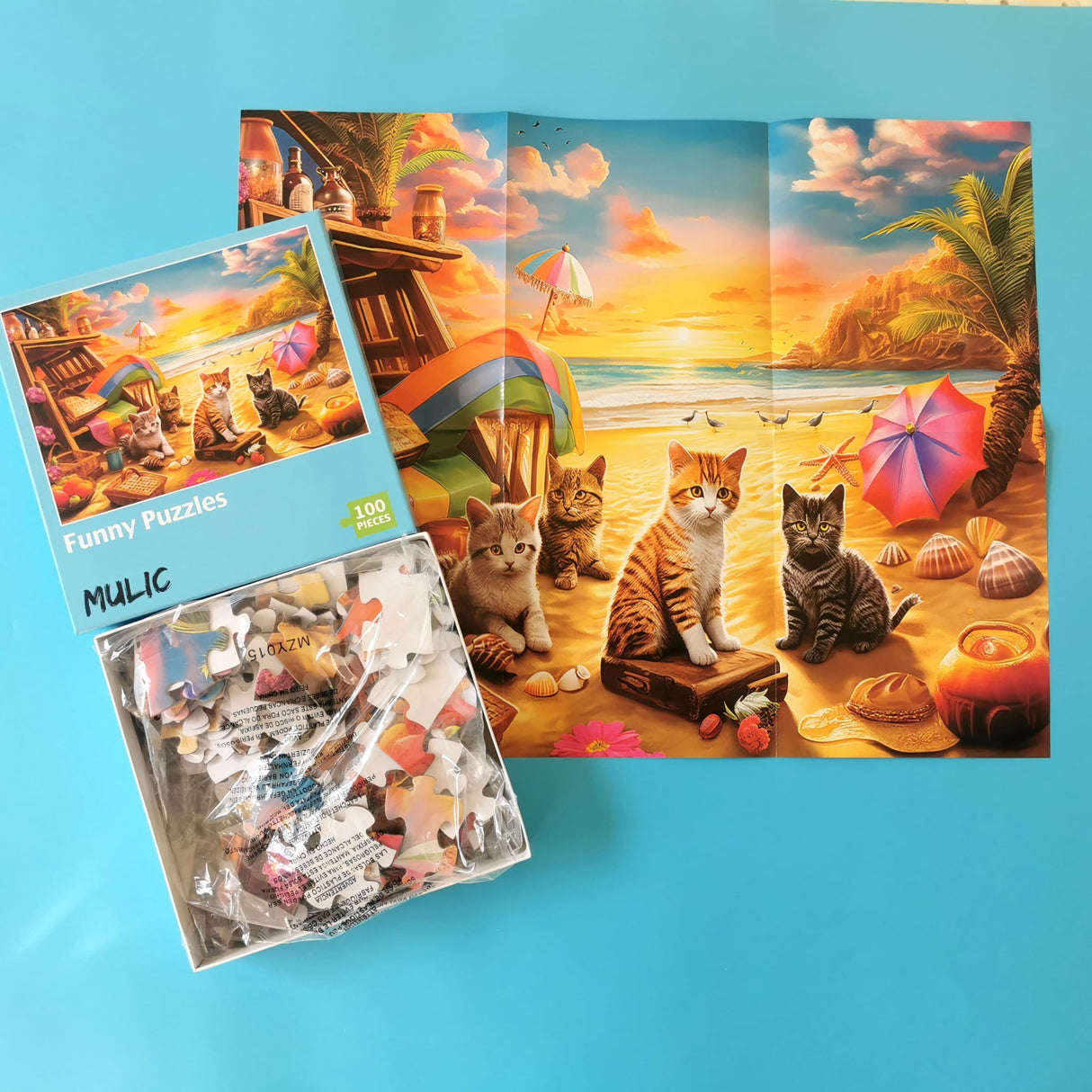 Extra Large Pieces Jigsaw Puzzles for Adults - 100 Piece Puzzles for Kids Ages 8-10 10-12 - Large Piece Puzzles for Seniors - Cats Seaside Sunset Mulic
