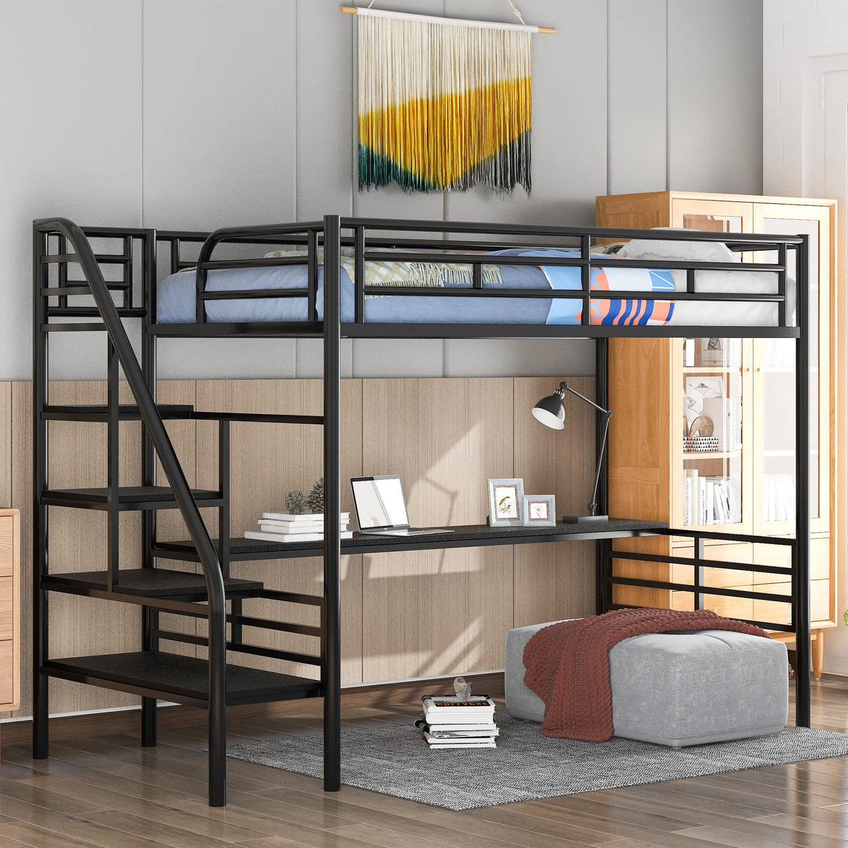 SOFTSEA Heavy Duty Twin Metal Loft Bed with Stairs and Integrated Desk SOFTSEA