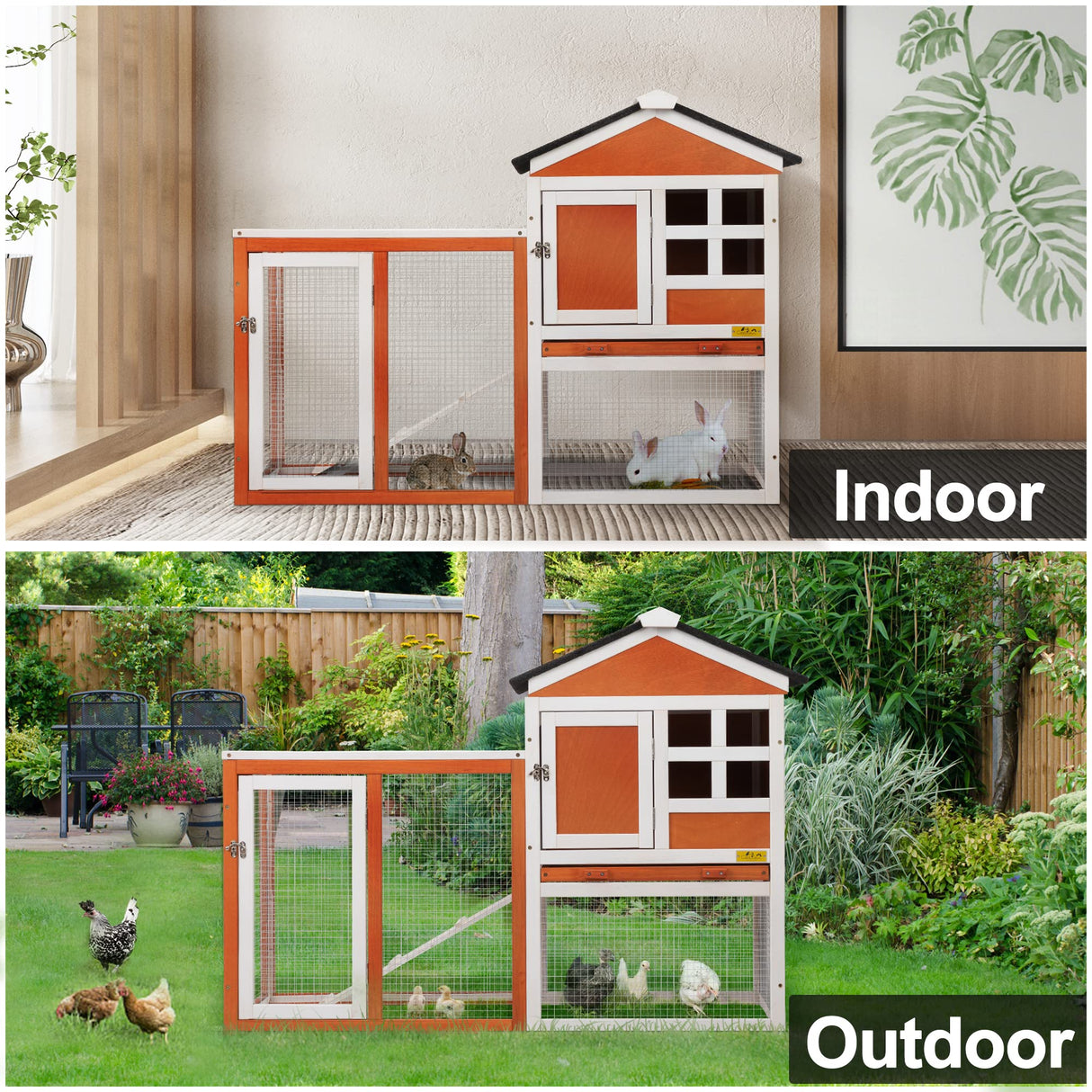 Rabbit Hutch Indoor Bunny Cage Outdoor Wooden Chicken Coop Small Animal Enclosure with Pull Out Tray & Weatherproof Asphalt Roof,48" L x 24" W x 35" H Orange COZIVVOVV