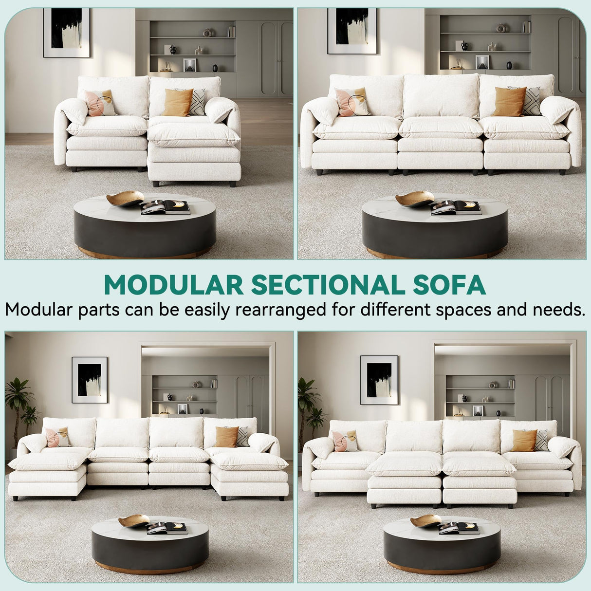 YITAHOME 142" Modular Sectional Sofa with Movable Ottoman, Modern U Shaped Couch with Pillow-Armrest, Velvet 6 Deep Seat Cloud Couch for Living Room Apartment Office, Beige YITAHOME