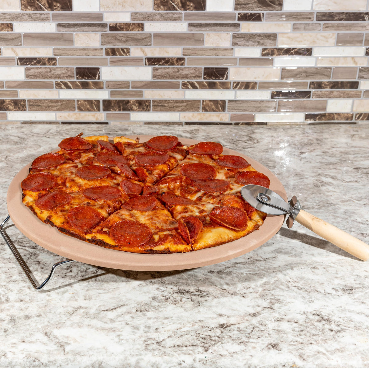 Pizza Stone - 15-Inch Pizza Stone for Oven or Grill with Pizza Cutter and Metal Serving Rack/Handles - Pizza Oven Accessories by Classic Cuisine Classic Cuisine