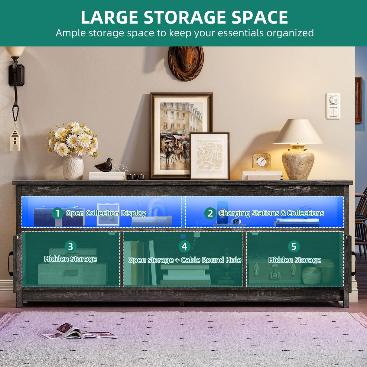 YITAHOME Farmhouse TV Stand for 65/55 Inch Television, LED Entertainment Center Television Stand with Power Outlets and Open Shelf, Media Console TV Cabinet for Living Room, Dark Grey YITAHOME