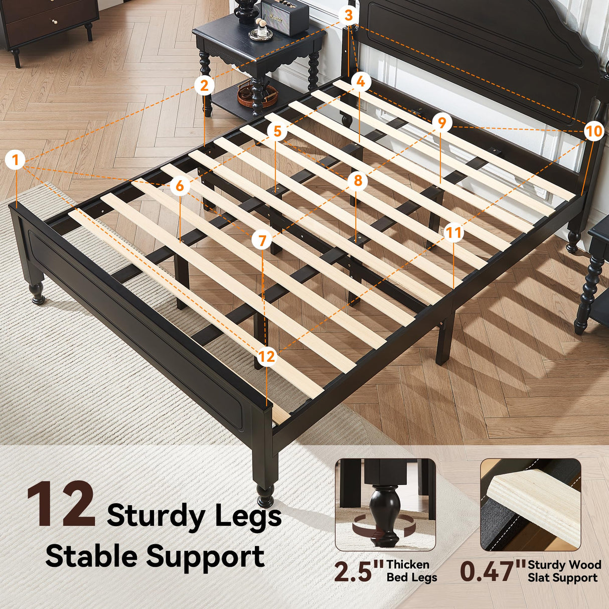 BedsPick Solid Wood Bed Frame Queen Size, Wooden Retro Style Queen Bed Frame with Headboard and Footboard, Heavy Duty Bed Frame with 12 Wood Slats Support,No Box Spring Needed,Noiseless, Dark Brown BedsPick