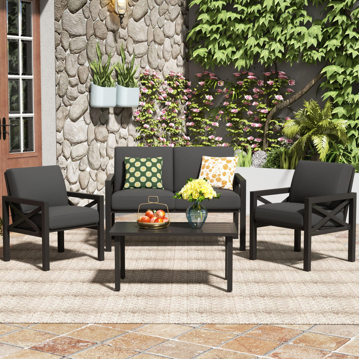 NATURAL EXPRESSIONS Outdoor Patio Furniture 4 Pieces Set, Modern Patio Conversation Sets, Outdoor Sectional Metal Sofa with 5.5 Inch Cushion and Coffee Table,Black NATURAL EXPRESSIONS