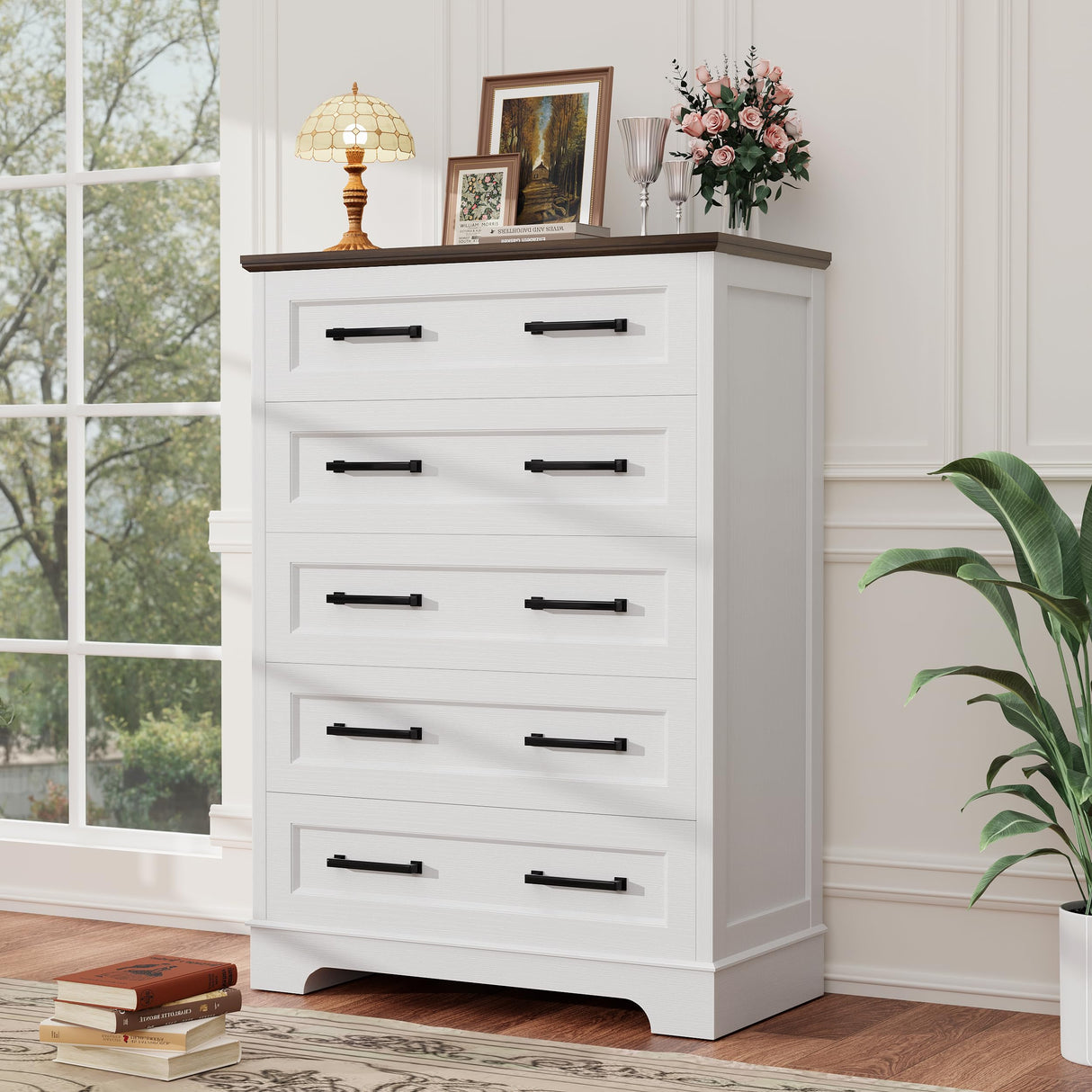 YESHOMY Tall Dresser for Bedroom,Farmhouse 5 Drawers Dresser, Chest of Drawer Chest, Multi-Tier Clothing Storage Cabinet, White and Brown