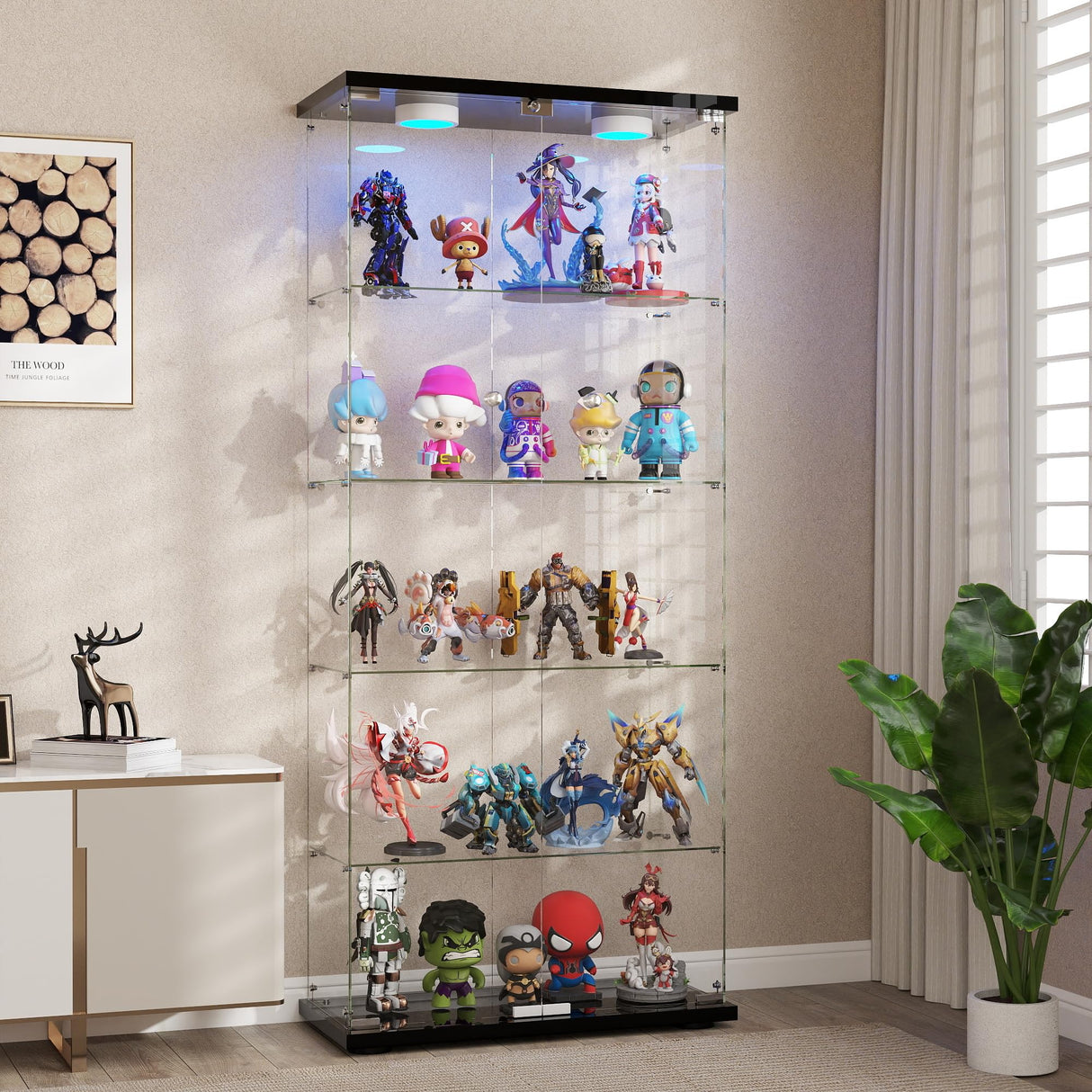 HAMBING Glass Display Cabinet with LED Lights and Lock, 5-Shelf Tempered Glass Curio Cabinet with 2 Doors, Collectible Display Showcase for Living Room, Bedroom – Black HAMBING