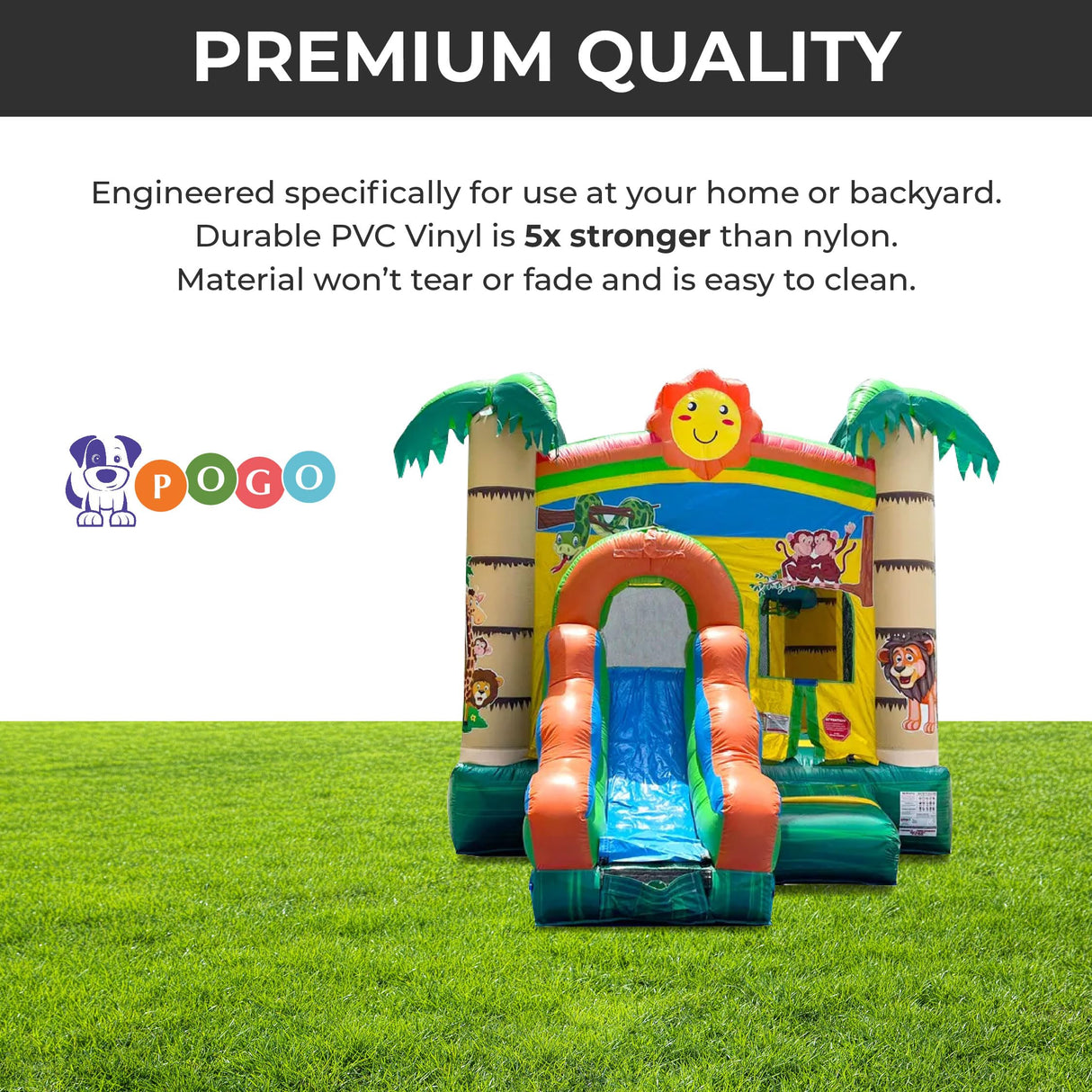 Inflatable Bounce House with Slide for Kids (Without Blower) - 18 x 12 x 14.5 Foot Tropical Smiley Face Backyard Inflatable Bouncy House - Built-in Bladder Water Misting System Pogo Bounce House