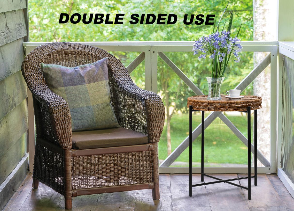 Small Wicker Round End Table, 16.5 in Rattan End Tables with Removable Tray, Waterproof Sofa Coffee Side Table, Indoor Outdoor Side Tables for Patio, Living Room Bedroom Office DINGTAI