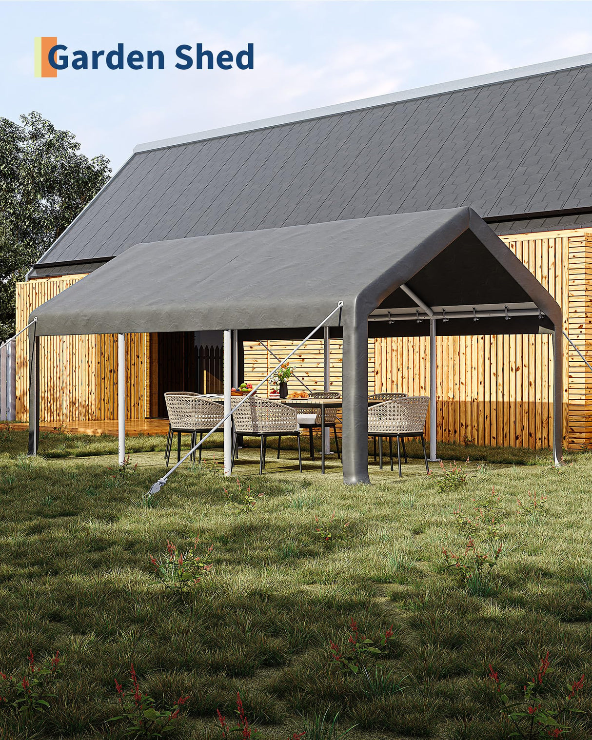 GarveeLife 12x20 Ft Carport, Car Port with 200g PE Tarp, Roll-Up Doors, and 4 Windows, for Full-Size Pickups, Bass Boats, Tractors, and SUVs, Gray GarveeLife