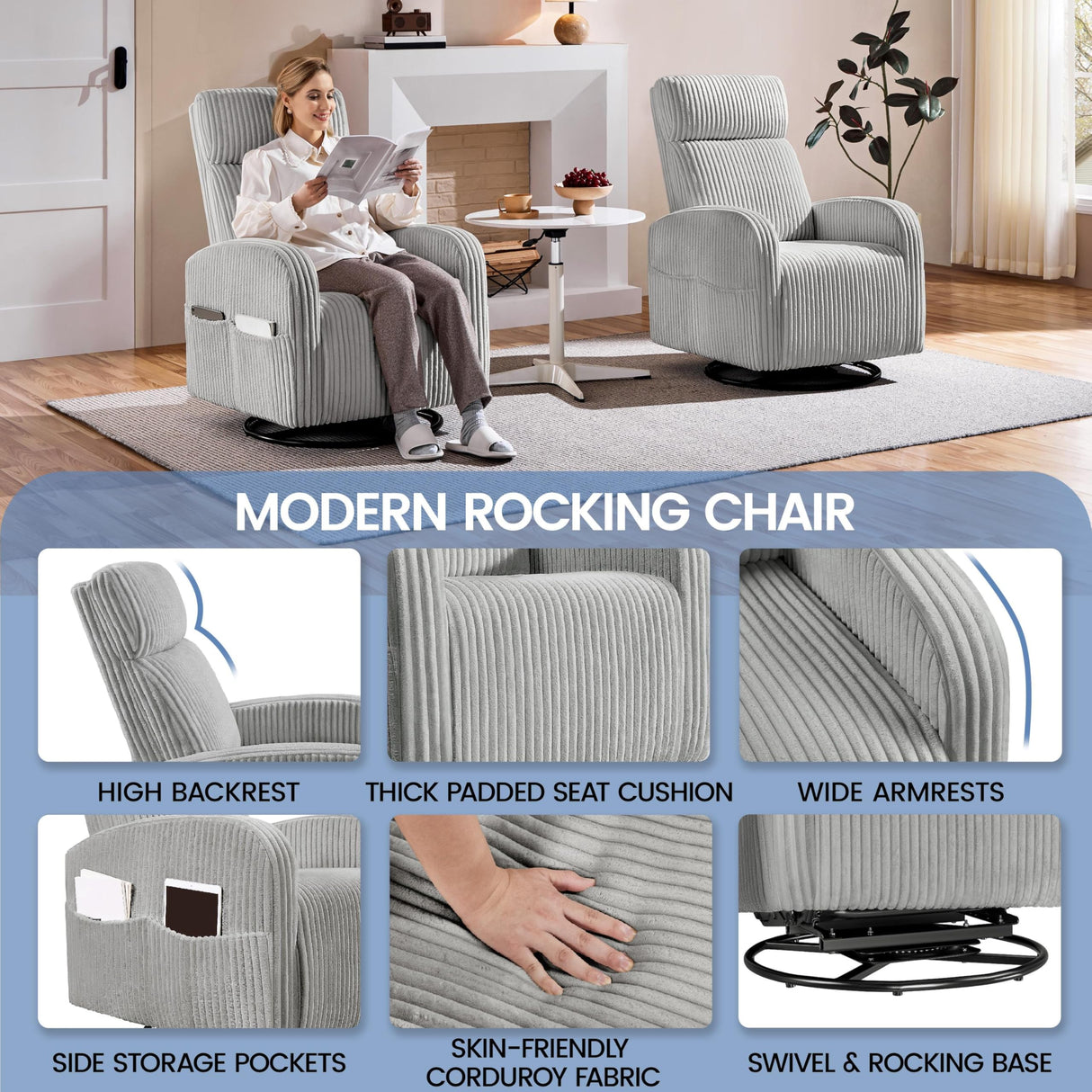 Yaheetech 360° Swivel Glider Chair for Nursery, Rocking Chair Nursing Chair with Side Pockets, Corduroy Glider for Living Room with High Back Light Gray Yaheetech