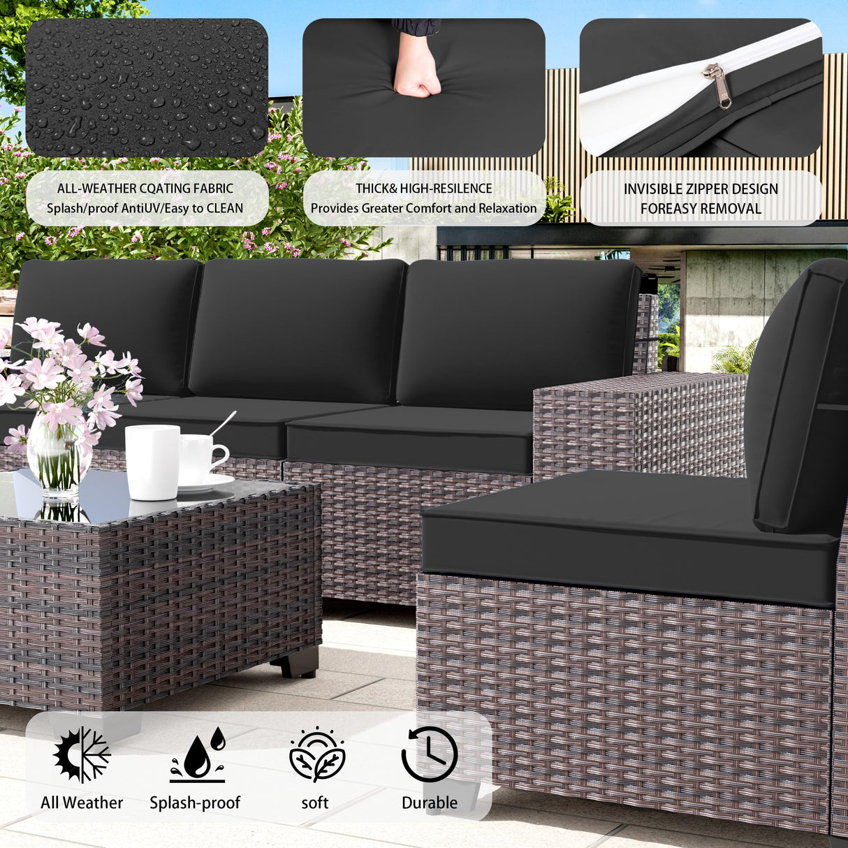 RTDTD Outdoor Patio Furniture Set with Propane Fire Pit Table, 13 Pieces Outdoor Furniture Patio Sectional Sofa Conversation Sets w/ETL Approved 43" Gas Outdoor Fire Table & Coffee Table(Black) RTDTD