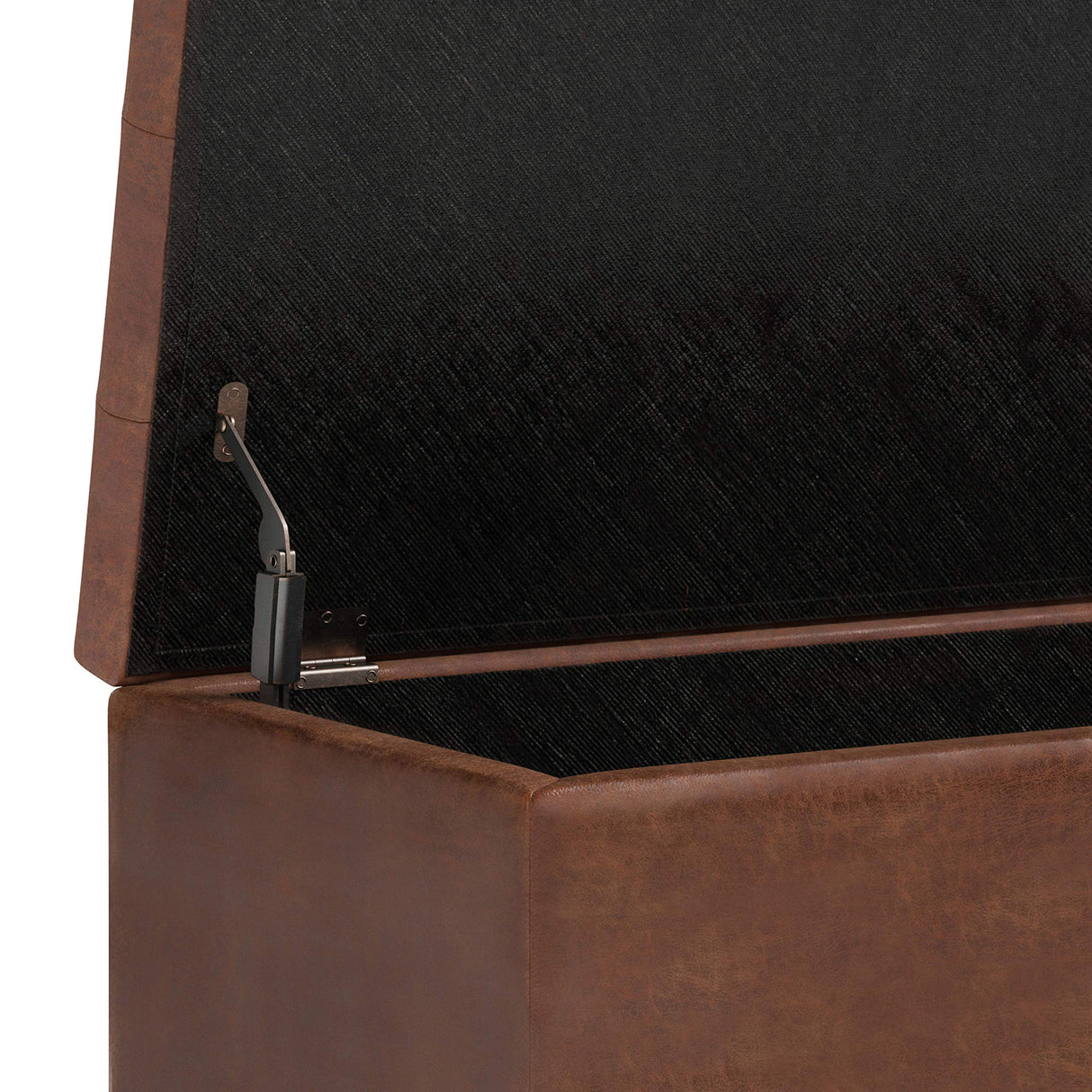 SIMPLIHOME Cosmopolitan Wide Transitional Rectangle Storage Ottoman Vegan Faux Leather, Assembled, for The Living, Entryway and Family Room, 34 inch, Distressed Saddle Brown SIMPLIHOME