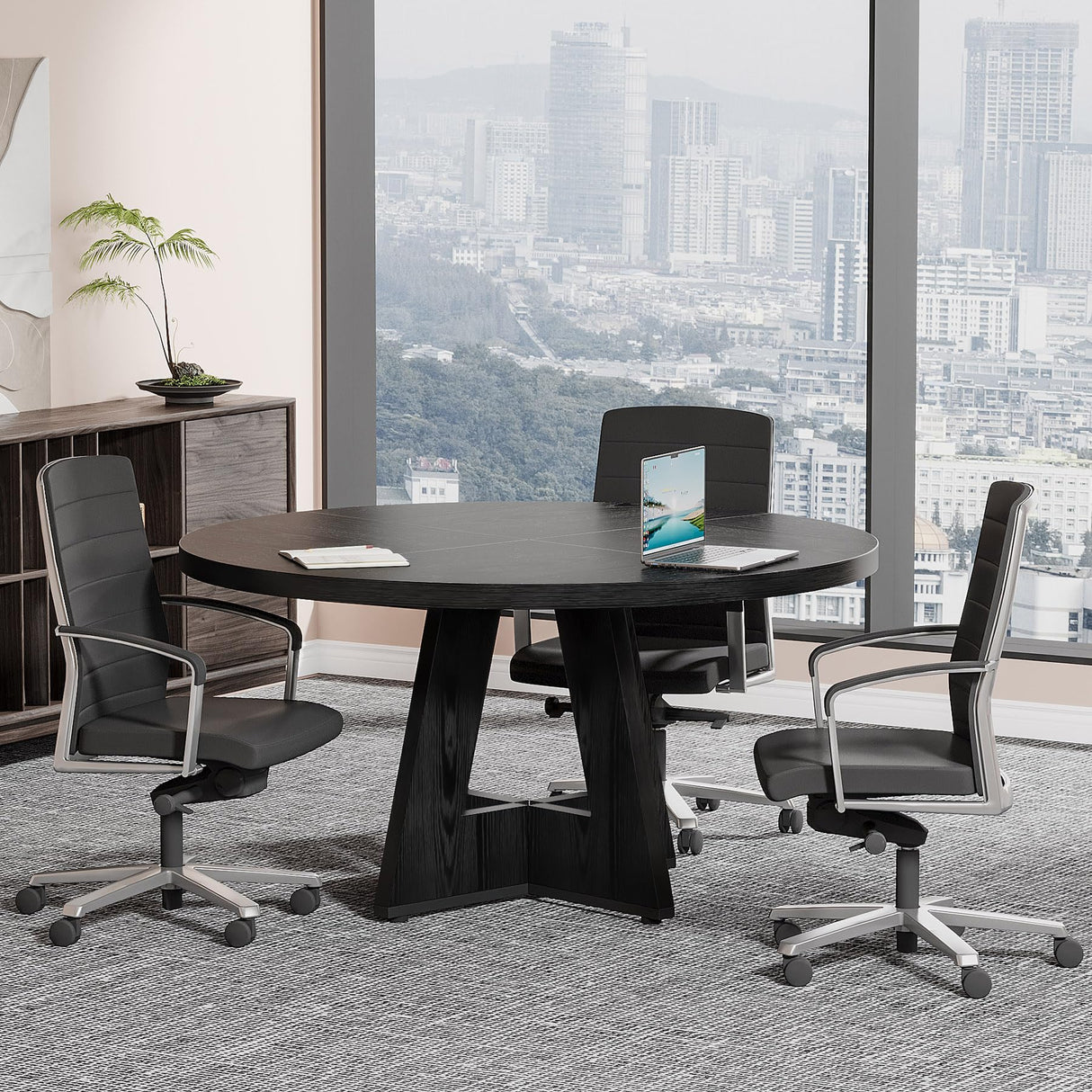 Tribesigns 47-Inch Round Conference Table for 4-6 People, Wooden Meeting Room Table with Thicken Tabletop and Wood Base (Black) Tribesigns