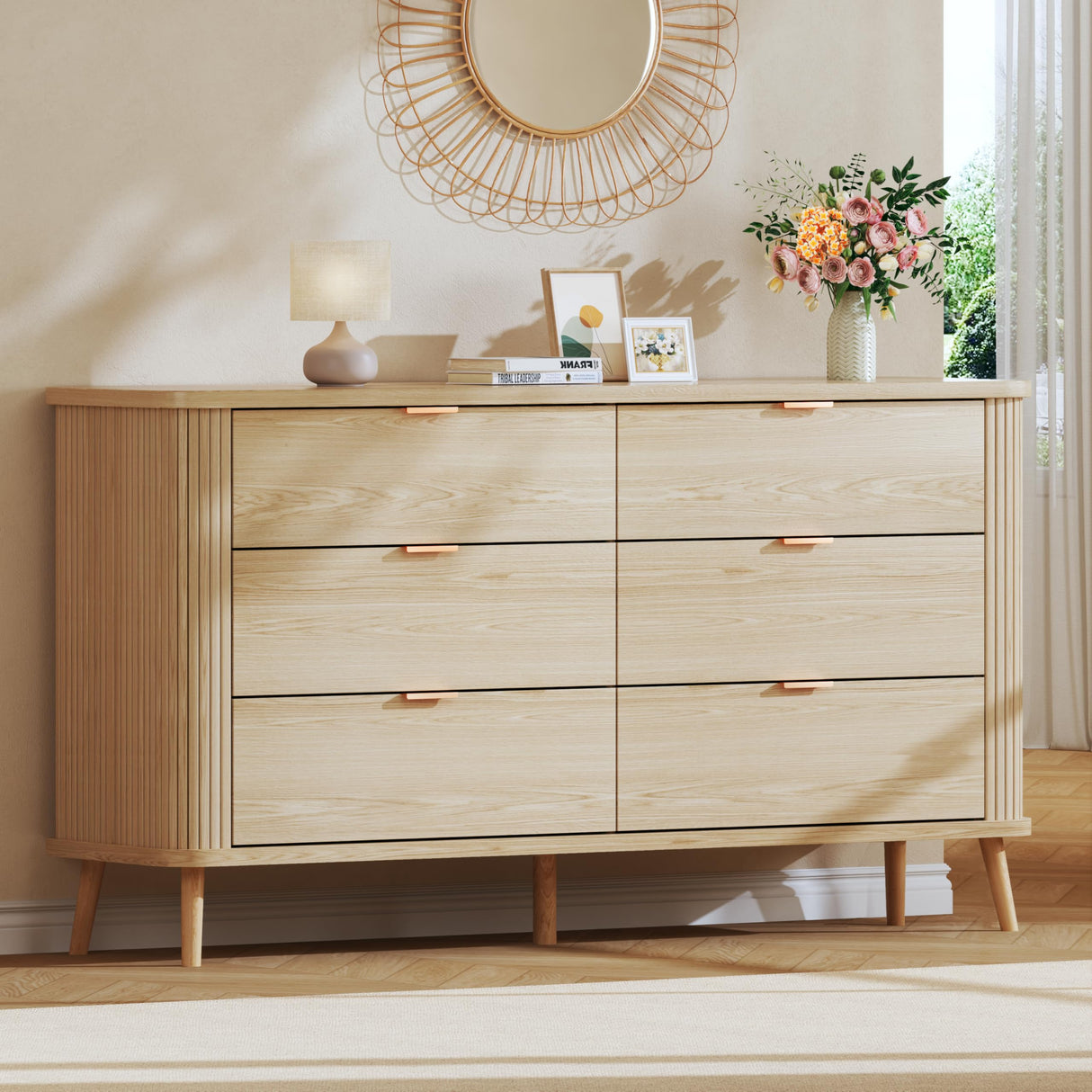 HUAHUU Fluted 6 Drawers Dresser for Bedroom, 55" Mid Century Modern Dresser & Chests of Drawers, Curved Profile Design, Dressers TV Stand, Wood Storage for Hallway, Entryway, Oak HUAHUU