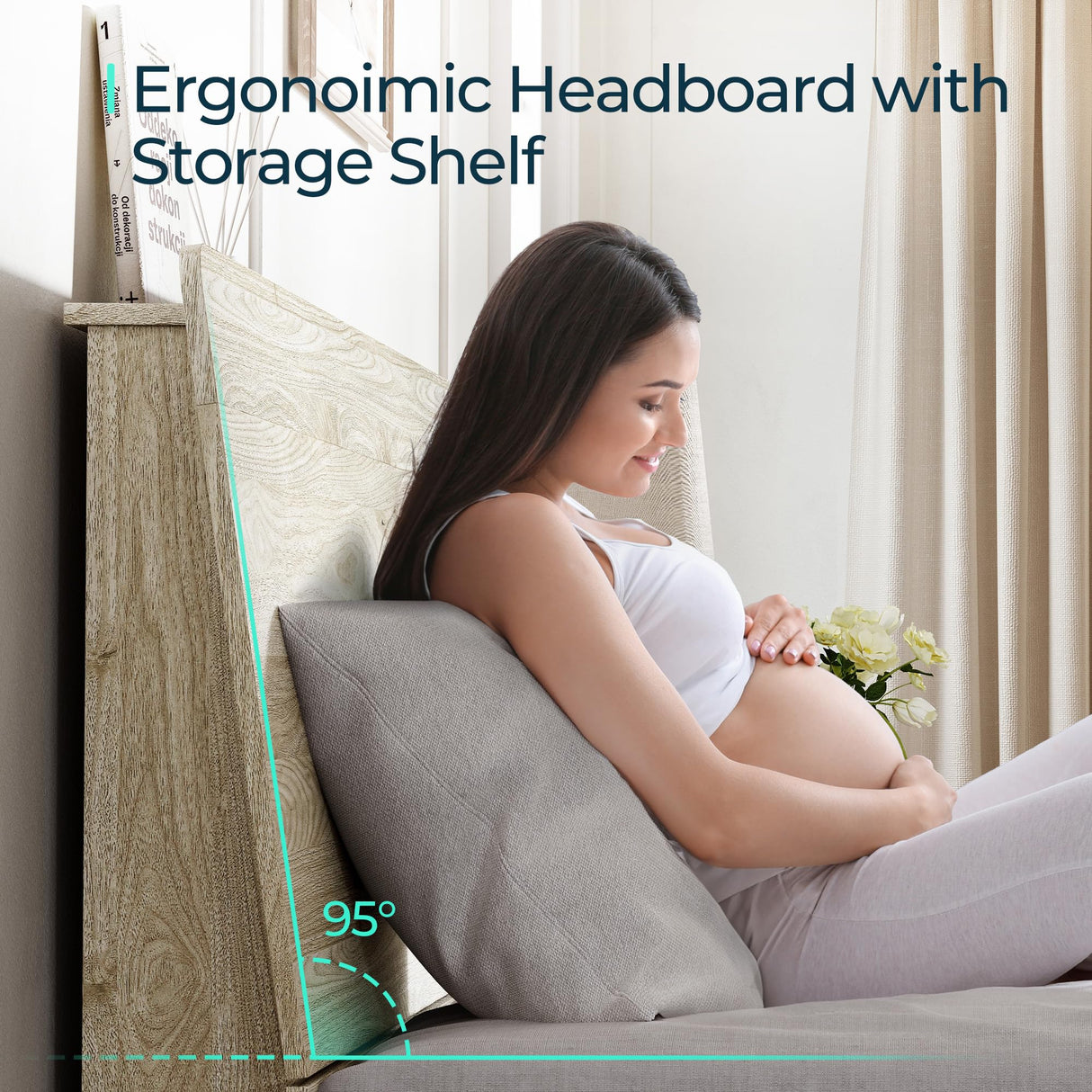 LINSY Beige Full Size Wood Platform Bed Frame with Ergonomic Headboard and Storage Shelf LINSY