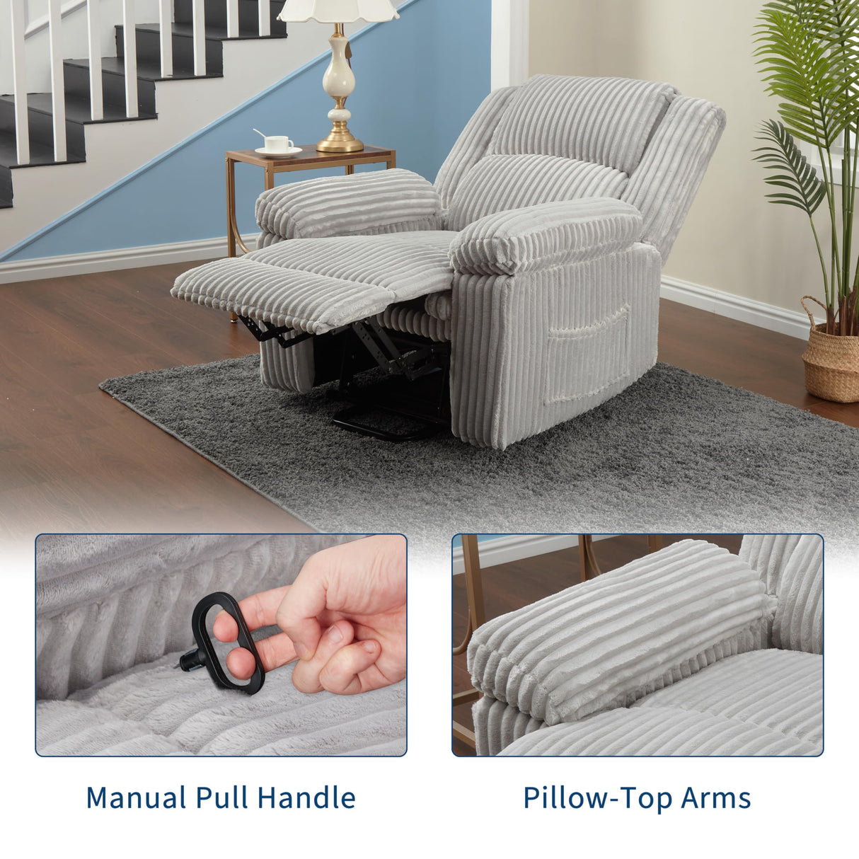 Garvee Corduroy Recliner Chair, Manual Recliner Sofa with Handle, Pillow Top Arms, Thick Padding, Side Pocket, 330Lbs Capacity, Adjustable Recliner for Living Room, Bedroom, Home Theater, Gray Garvee
