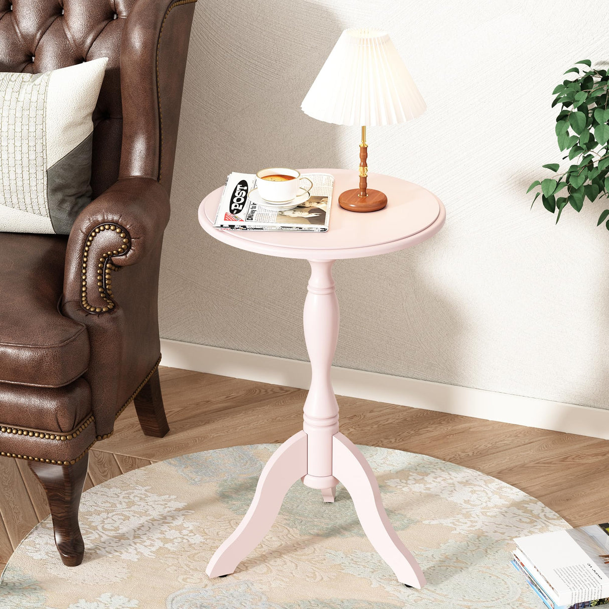 HLR Round Small End Table Wooden Side Table Pedestal Side Table Vintage Accent Tables Nightstand Coffee Table for Living Room, Bedroom, Entryway (1, Pink) HLR