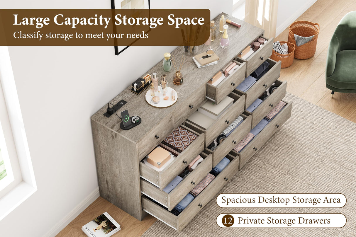 GarveeHome 12 Drawer Dresser for Bedroom, 61 Inch Wood Dresser with Power Outlet, Wide Chest of Drawers for Living Room, Hallway, Tall Dressers with Smooth Metal Rail, Large Storage, Antique Oak Garveehome