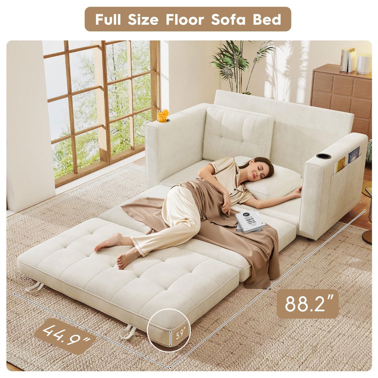 55" Convertible Folding Sofa Bed, Pull Out Couch Love Seat Sleeper Bed, Small Fold Out Loveseat Sleeper with Cup Holder and Pillow for Small Space, Bedroom Lounge, Dorm, Living Room(Beige Chenille) Urhanherry