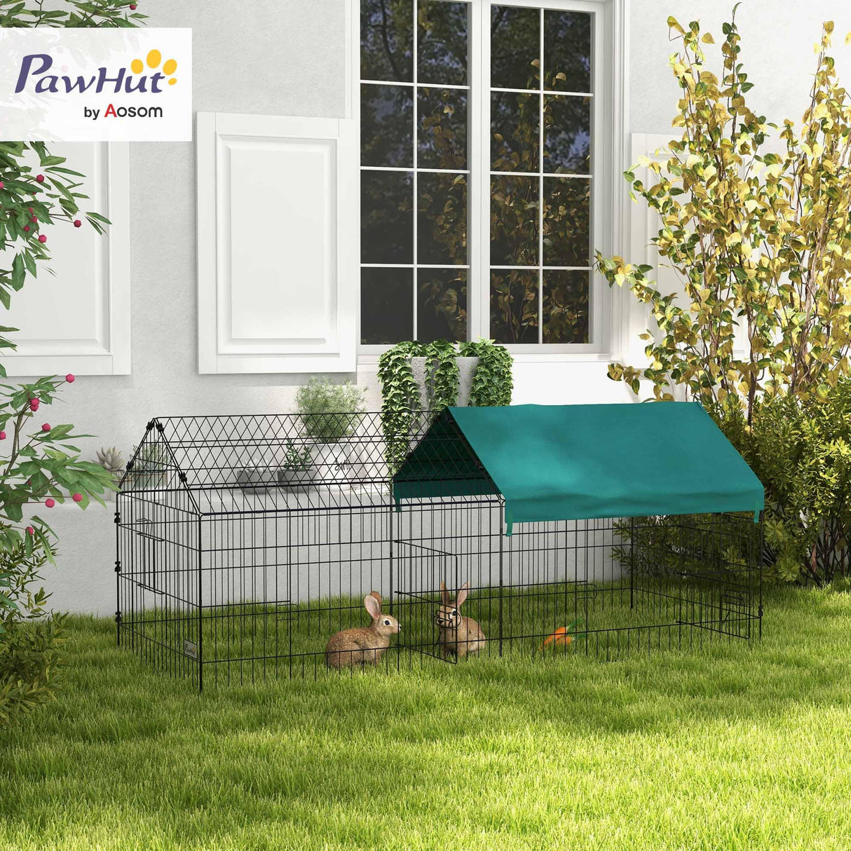 PawHut 73" L Metal Chicken Playpen, Small Animal Cage, Chicken Coop, Pet Yard Fence for Rabbits, Chinchillas with Roof for Indoor & Outdoor, 29.5" H, Green PawHut