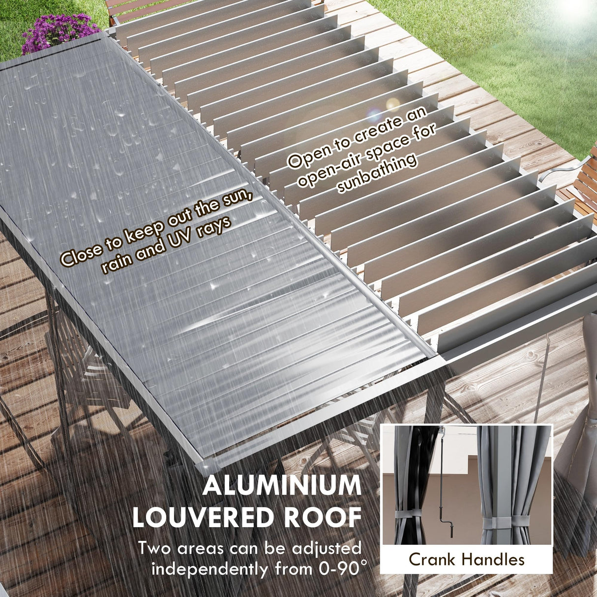 Outsunny 10' x 13' Louvered Pergola Hardtop Gazebo with Adjustable Aluminum Roof and Frame, Outdoor Pergola with Curtains and Netting, for Garden, Lawn, Backyard, and Deck, Dark Gray Outsunny