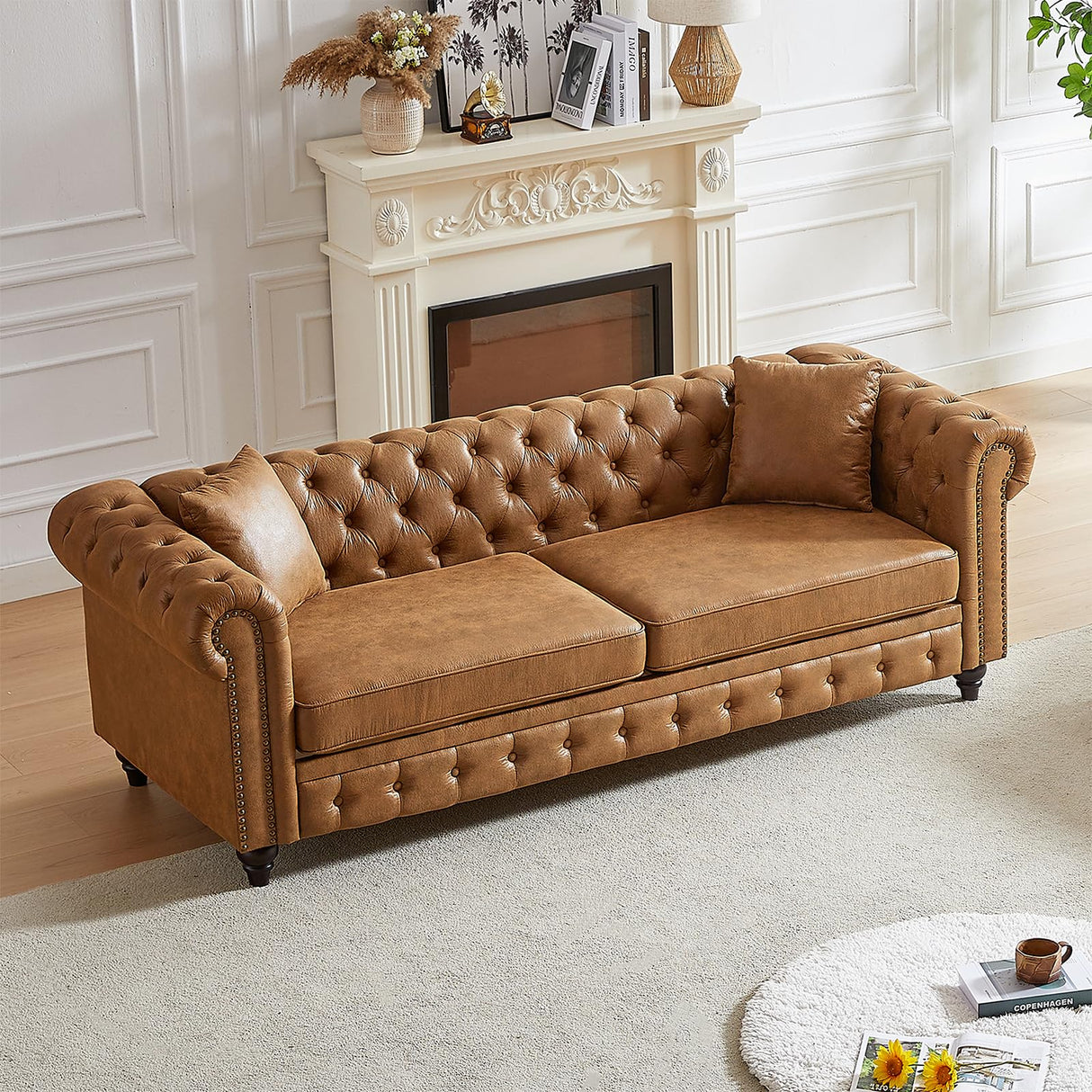 Mid Century Modern Couch, 85.5"W High-tech Fabric Button Tufted Oversized Loveseat Sofa with Nailhead Trim & Roll Armrests, Deep Seat Comfy Chesterfield Sofa for Living Room, Office(3 Seater, Brown) JEEOHEY