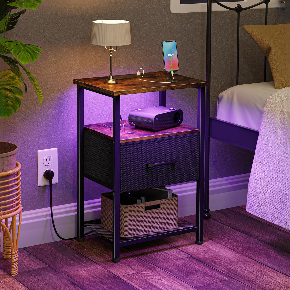 LAKEMID Nightstands Set of 2 with Charging Station and Drawer, End Table Bedside Table with 20 Colors LED Light Strip and 2 Layers Shelf for Bedroom Living Room Sofa (Rustic Brown) LAKEMID