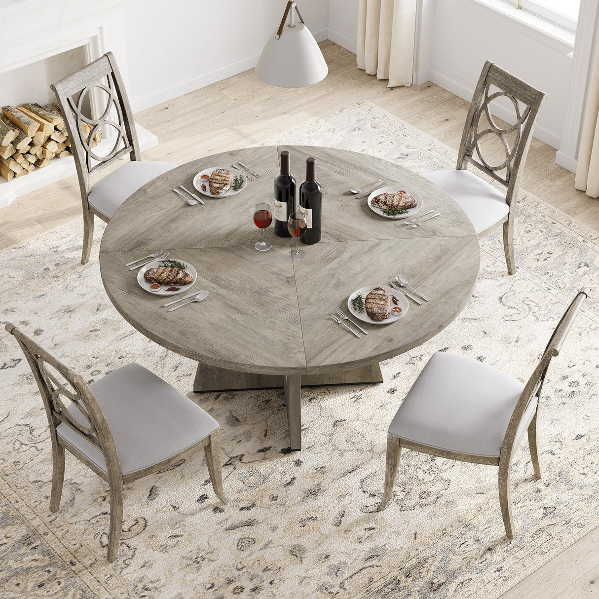 Round Dining Table, 47 Inch Round Dinner Table for 4, Farmhouse Kitchen Table with Wooden Pedestal Base for Home Dining Room or Living Room (No Chairs)- Grey GAOMON