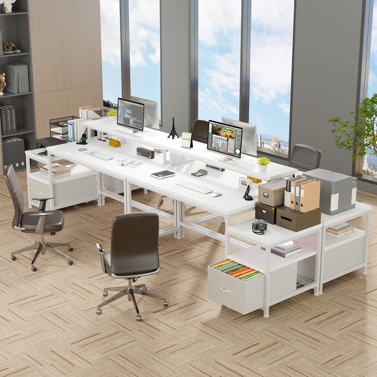 EnHomee 56.5" White Desk with Power Outlets,Study Writing Home Office Desks with File Drawers Cabinet, Computer Desk with Shelves Monitor Stand,Desk with Drawers and Printer Space,White EnHomee