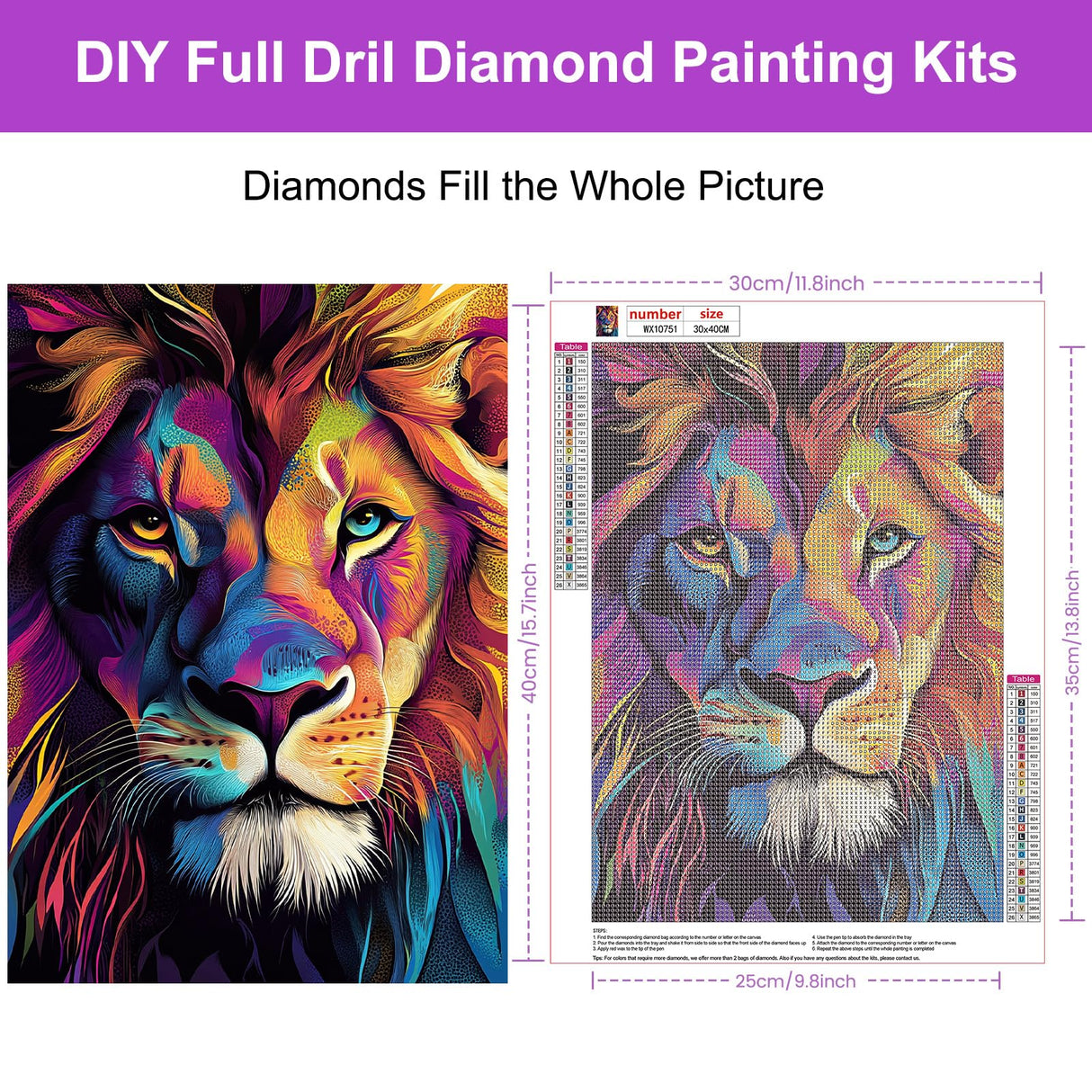 HEIBAGO Lion Diamond Art Kits for Adults, 5D Full Drill Round Colourful Painting Gems with Animal Diamond Painting, Diamond Dots Perfect for Home Wall Decor 12x16inch HEIBAGO