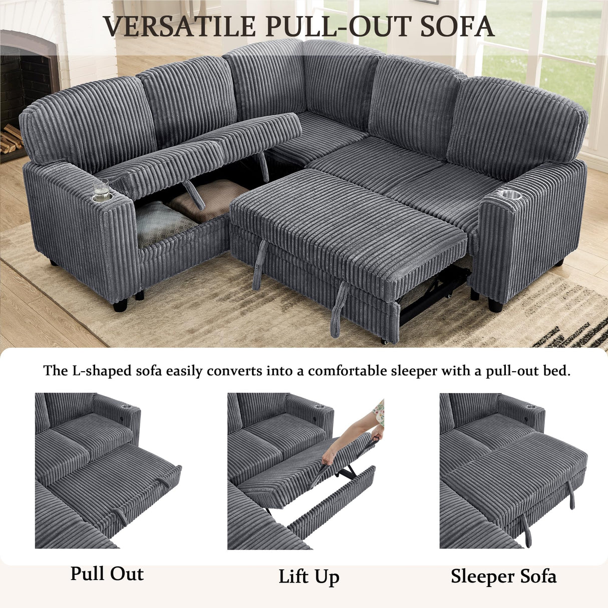 Ball & Cast L-Shaped Sleeper Sofa Bed,5 Seater Sectional Couch with Pull Out Bed and USB Charging,Cupholders & Storage Seats,Convertible Sofa Bed for Living Room,Apartment,Corduroy Fabric,Gray,81" Ball & Cast