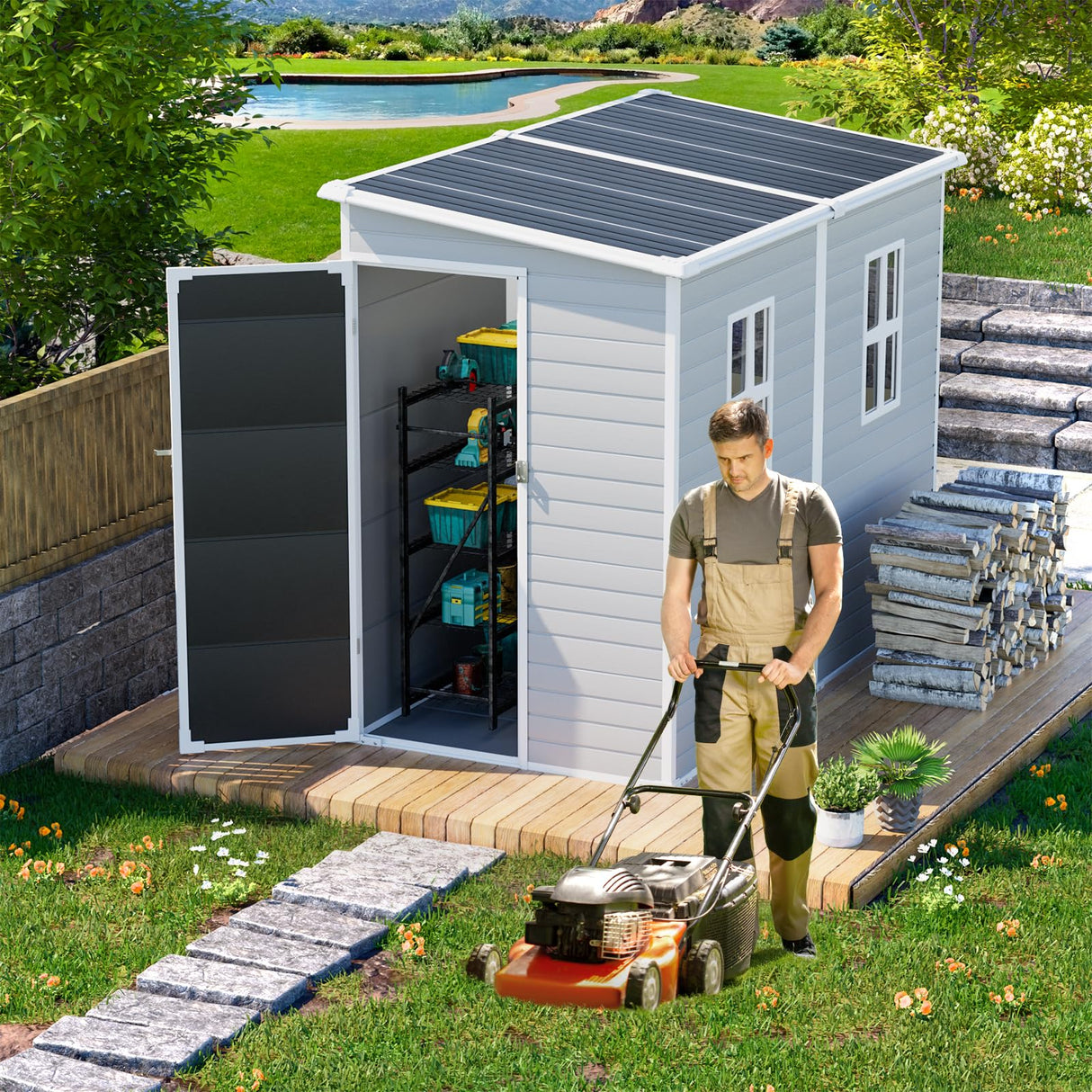 Outdoor Resin Storage Shed with Floor 8x4x6 FT Waterproof Lean to Sheds Kit Included 2 Windows Lockable Door, Plastic Tool Shed for Backyard Garden Patio Lawn WELYAS