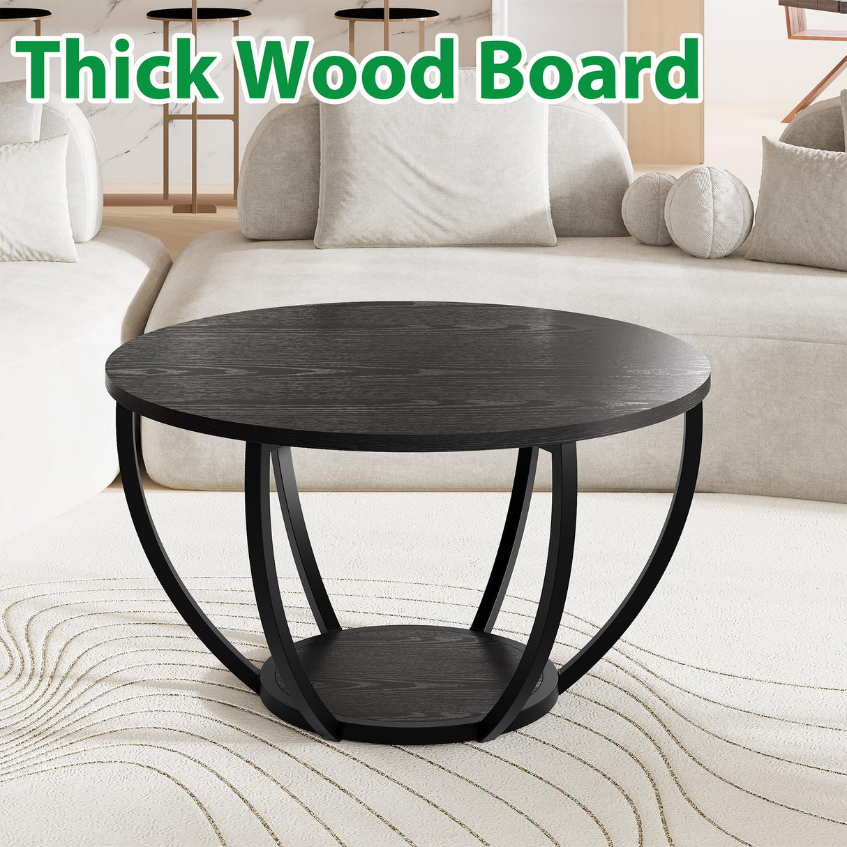 HOMERECOMMEND Round Coffee Table,Wooden 2-Tier Circle Coffee Tables with Storage Shelves,Accent Center Table for Living Room, Sofa Table for Home Office, Black HOMERECOMMEND