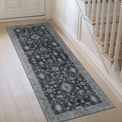 GENIMO Runner Rug for Hallways Machine Washable, 2x5 Non Slip Boho Vintage Lightweight Washable Runners, Thin Floor Runners for Entryway Hallway Bathroom Laundry Room Corridor, Charcoal