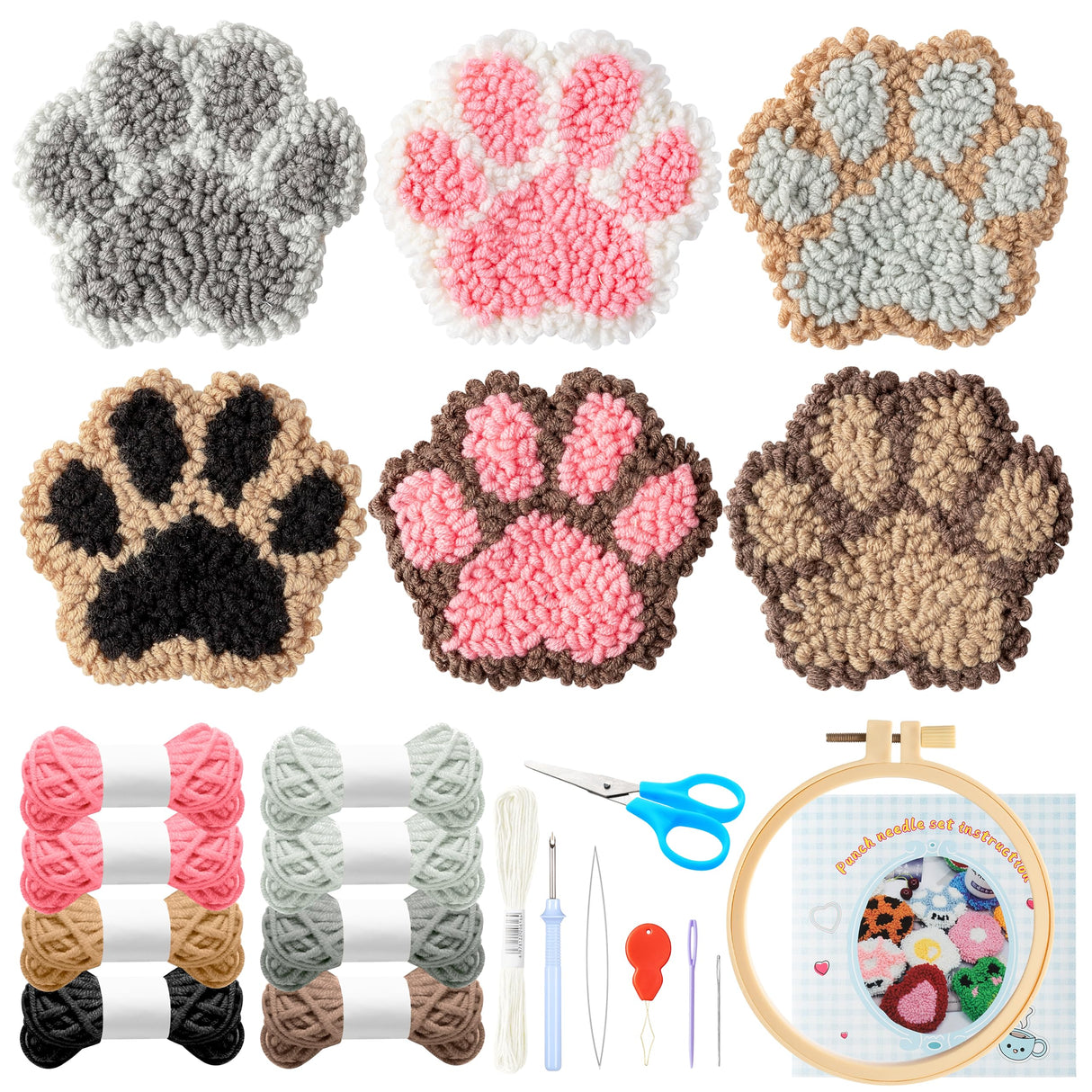 WATINC 22Pcs Craft Punch Needle Coaster Kit, Easy Art Work Decor Coasters Kits for Beginners, 6 Pattern Tufted Rug Pads with Adhesive Felt Yarns Embroidery Hoop Instruction, DIY Needle Punch Craft WATINC