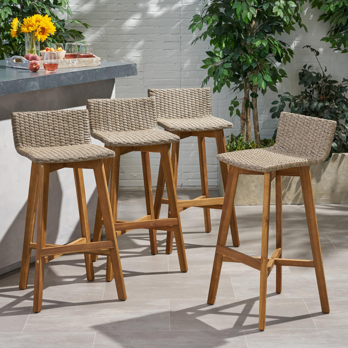 Christopher Knight Home La Brea Outdoor Acacia Wood and Wicker Barstools (Set of 4), Light Brown and Teak Christopher Knight Home