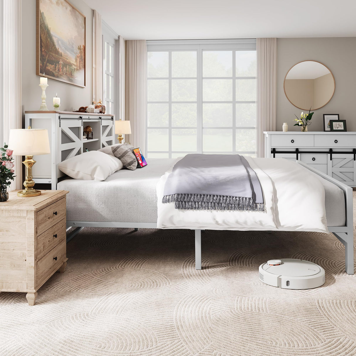 YITAHOME Farmhouse Queen Size Bed Frame with Headboard, Bookcase Storage Shelves, Sliding Grid Barn Door, Charging Station, Rustic Wood Platform Bed, No Box Spring Needed, White YITAHOME