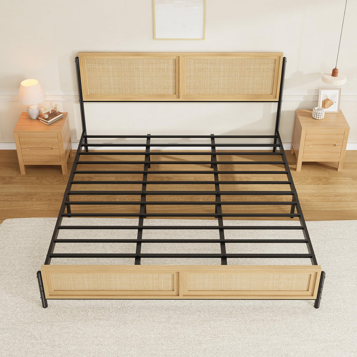 GarveeHome Boho King Size Bed Frame with Natural Rattan Headboard and Footboard, Wooden King Platform Bed No Box Spring Needed, 14 inch Noise-Free Easy Assemble Metal Bedframe GarveeHome