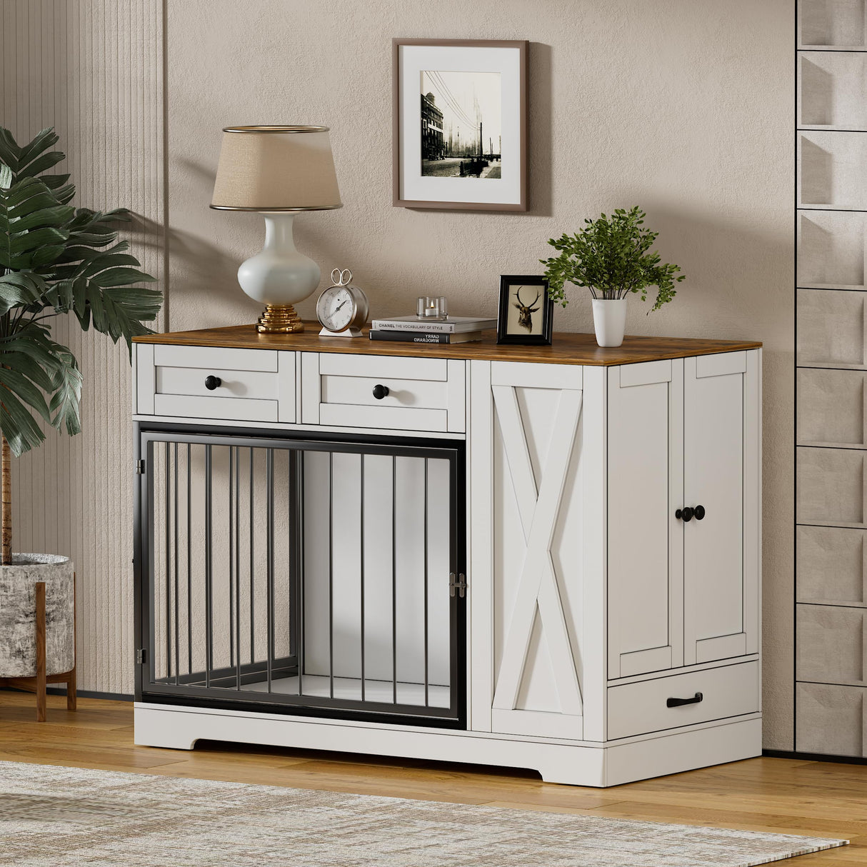 Dog Crate Furniture Kennel with Double Doors, Wooden Pet House with 2 Drawers and Pet Feeder Station Storage Cabinet, Furniture Style Dog Crate Table Side End Table for Large Medium Dogs, White SDMY