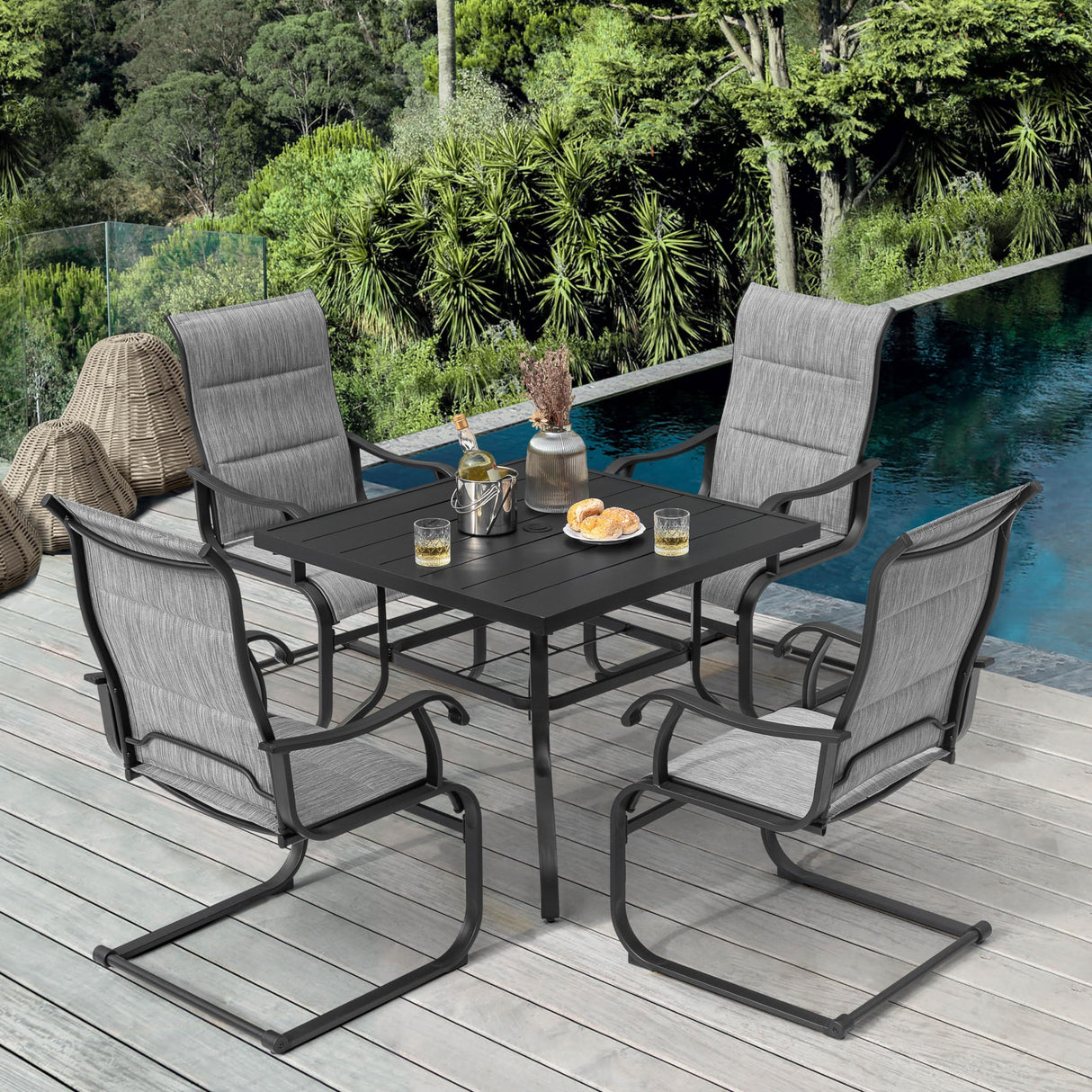 NUU GARDEN 5-Piece Outdoor Dining Set, All Weather Outdoor Padded Textilene Patio Chairs and Square Dining Table with Umbrella Hole for Backyard, Patio, Garden, Deck, Light Black and Grey NUU GARDEN